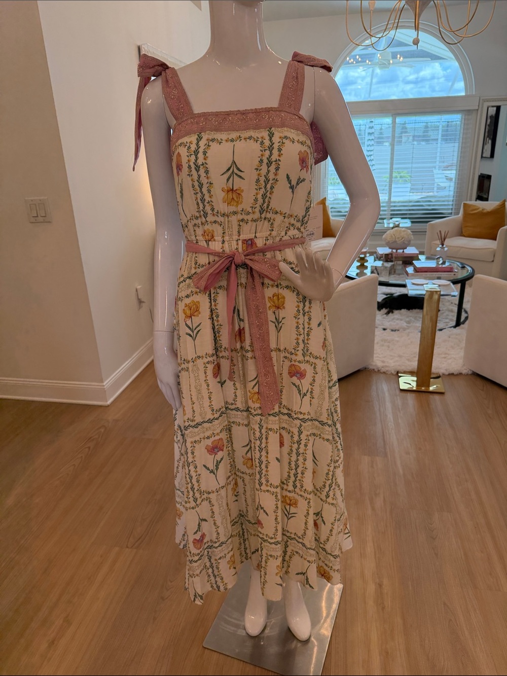 Floral Tie-Shoulder Midi Dress in Cream and Dusty Rose